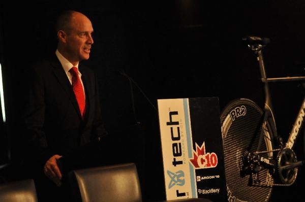 Team manager and co-founder Steve Bauer speaks at the Team Spidertech powered by C10 press conference.