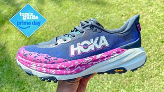 Person holding the Hoka Speedgoat 6 outside in front of grass