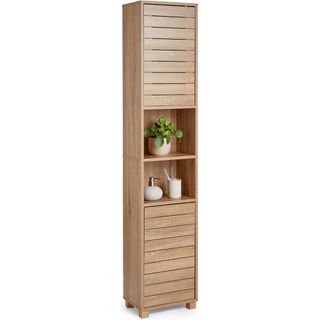 tall wood effect bathroom storage unit with open shelving