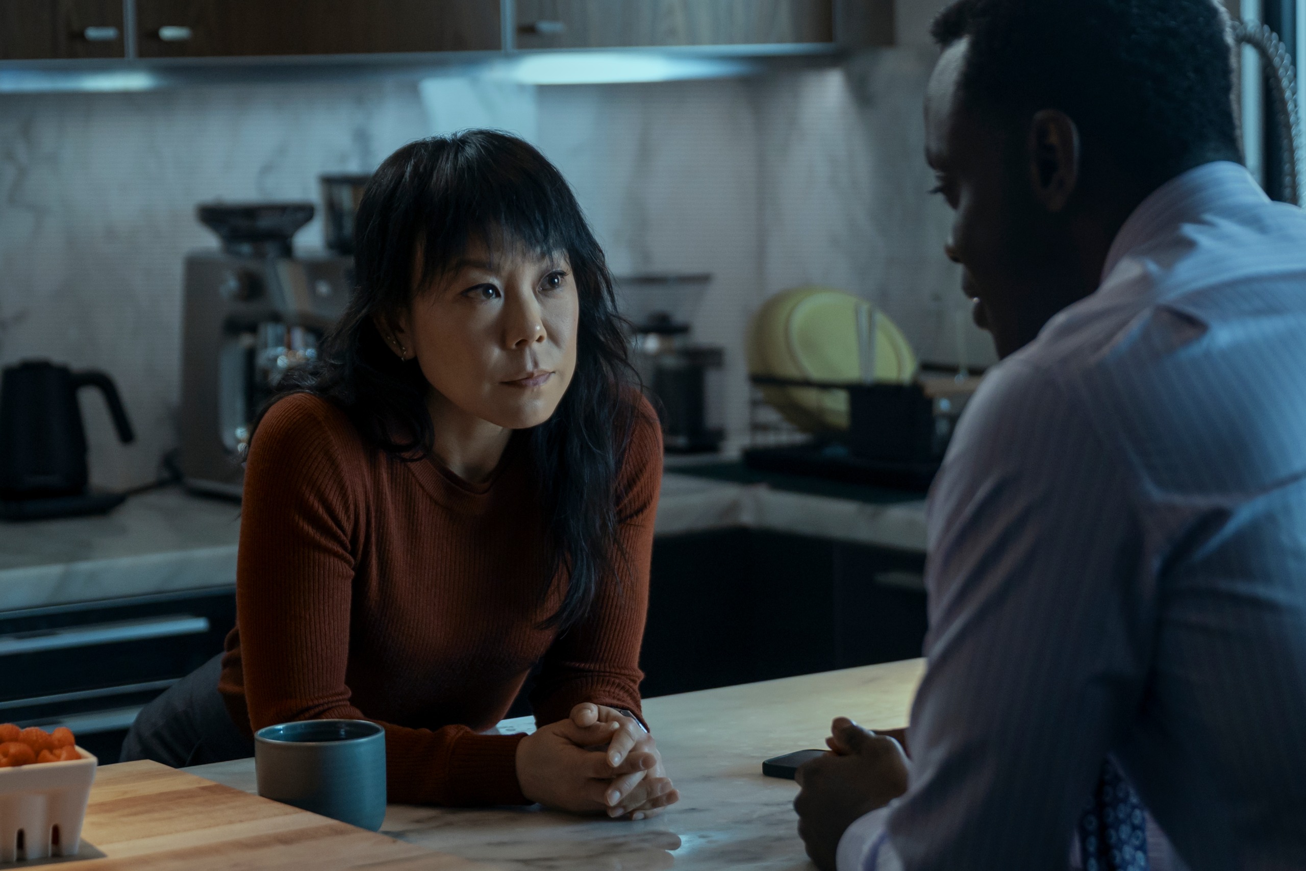 A woman in a red shirt (Ali Ahn as Eidra Park) rests her elbows on a kitchen island while standing opposite a man (Ato Essandoh as Stuart Hayford) in 'The Diplomat' season 4.