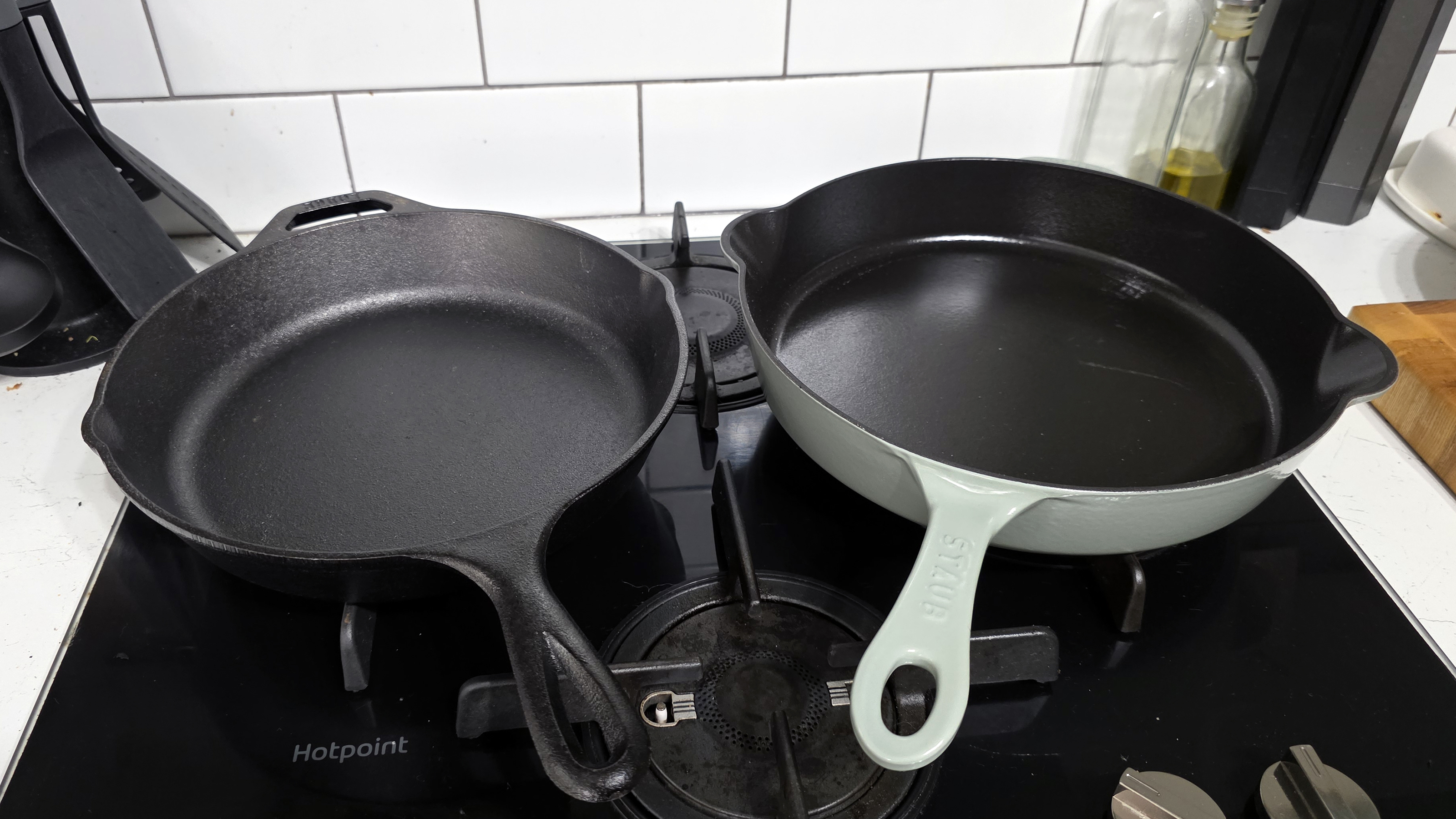 Cast iron skillets on a gas stove