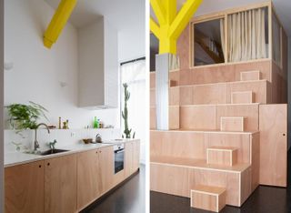 Apartment BDD, Jean Benoît Vétillard Architecture features side by side images of a white tiled topped kitchen with wood cupboards. Right: multi-level wood staircase.