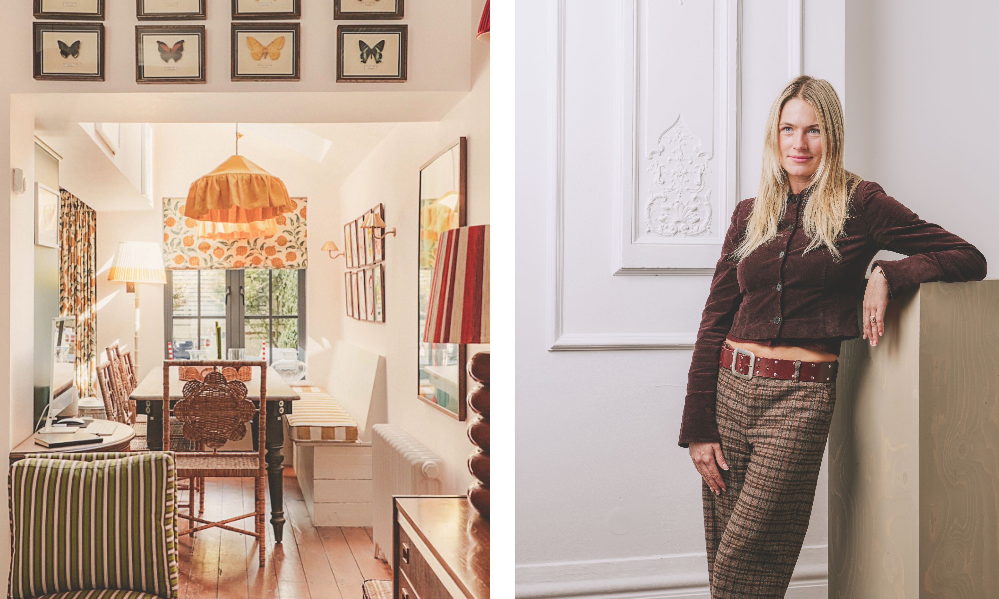 A cozy dining nook with butterfly art and a yellow pleated pendant light. Right: Designer Floral Slater in a brown corduroy jacket and plaid trousers leans against a wooden plinth.