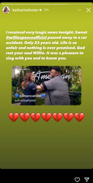 Katharine McPhee posted a video honoring Willie Spence on her Instagram stories.