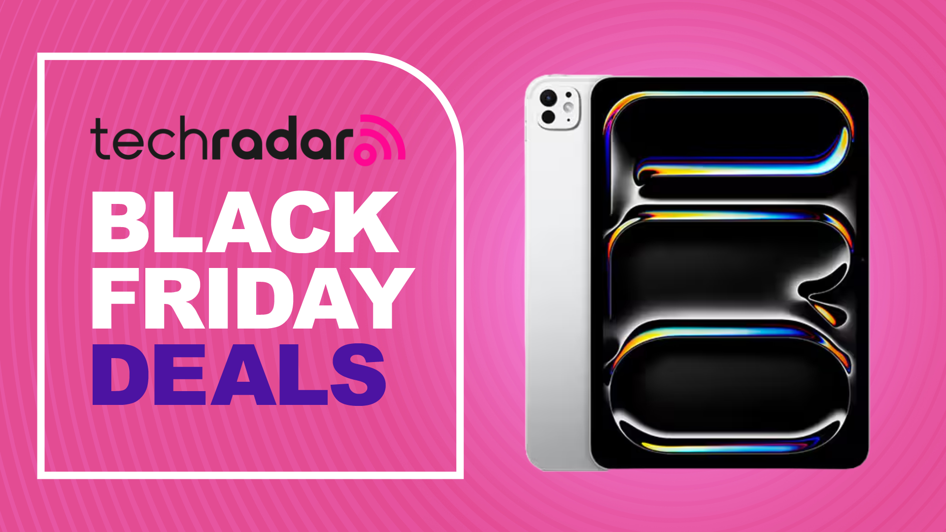 iPad Pro 11-inch M5 on a pink background. Text reads: TechRadar Black Friday Deals