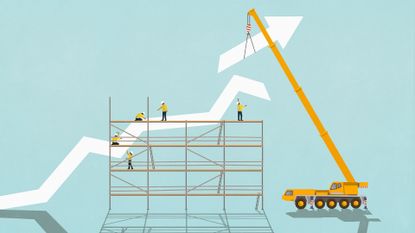 Return on investment (ROI) concept image showing deviating upward arrow with scaffolding and crane attaching a new piece of the arrow.