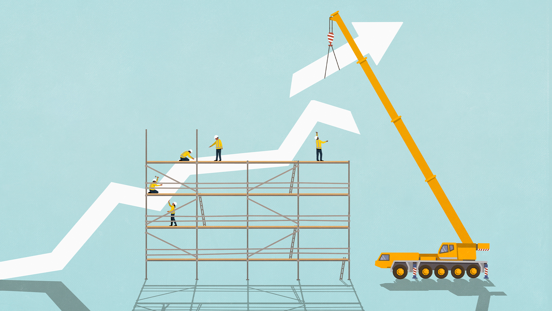 Return on investment (ROI) concept image showing deviating upward arrow with scaffolding and crane attaching a new piece of the arrow.