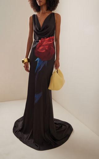 Ariana Floral-Printed Open Back Satin Gown