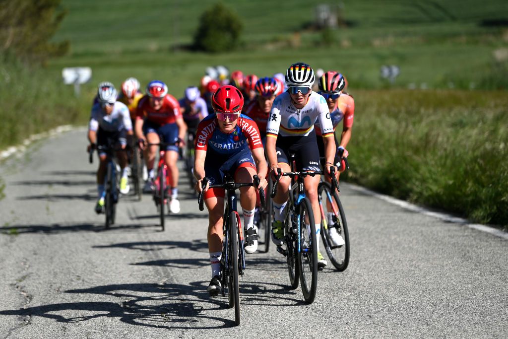 PAMPLONA SPAIN MAY 08 LR Cedrine Kerbaol of France and CERATIZITWNT Pro Cycling Team and Liane Lippert of Germany and Movistar Team compete during the 4th Navarra Womens Elite Classics 2024 a 1356km one day race from Pamplona to Pamplona on May 08 2024 in Pamplona Spain Photo by Alex BroadwayGetty Images
