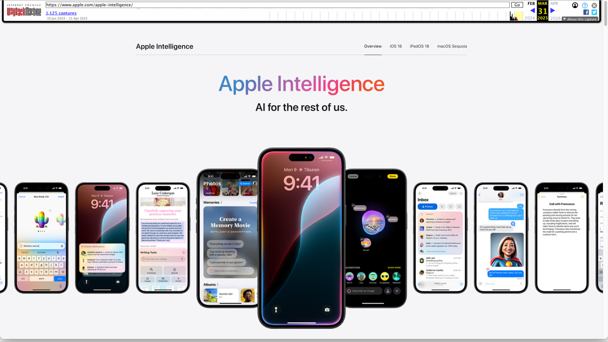 The Apple Intelligence home page from March 31, around 7pm, now missing the "Available Now" heading
