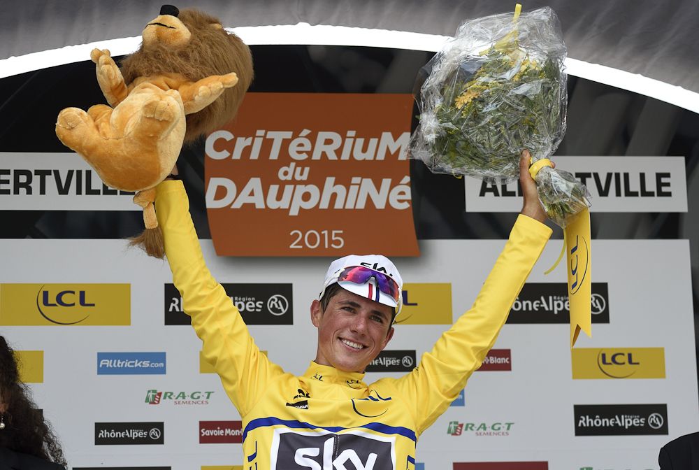 Peter Kennaugh in the first yellow jersey of the 2015 Criterium du Dauphine.