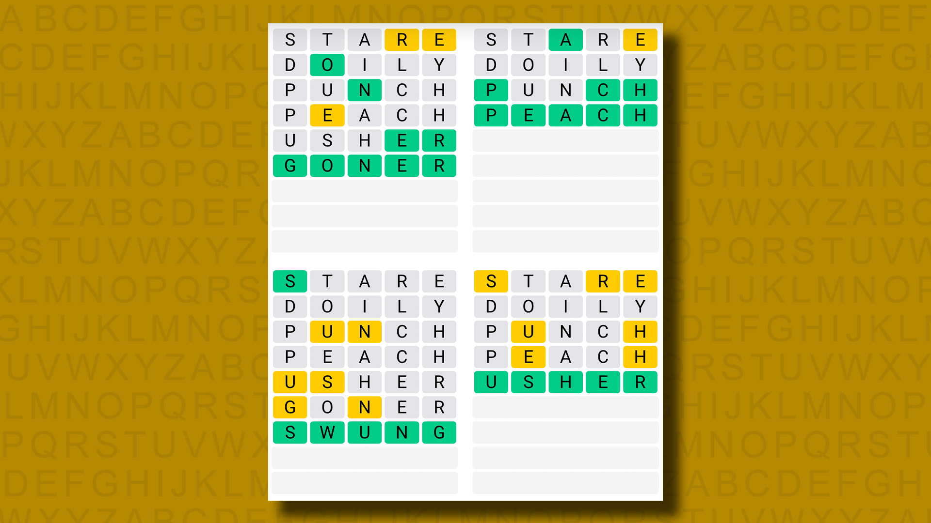 Quordle Daily Sequence Answers for Game 926 on a yellow background