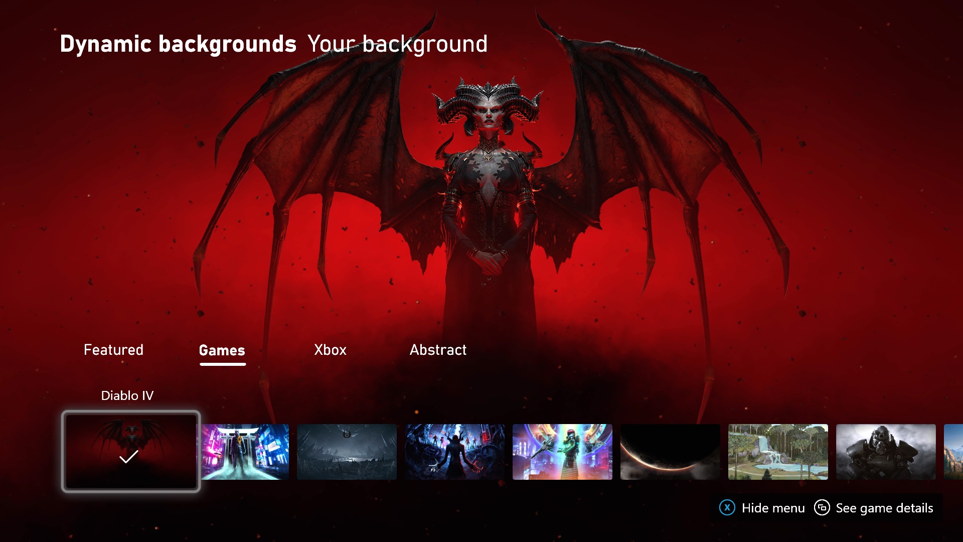 Auswahl des dynamischen Hintergrunds von Diablo 4 auf der Xbox Series X|S