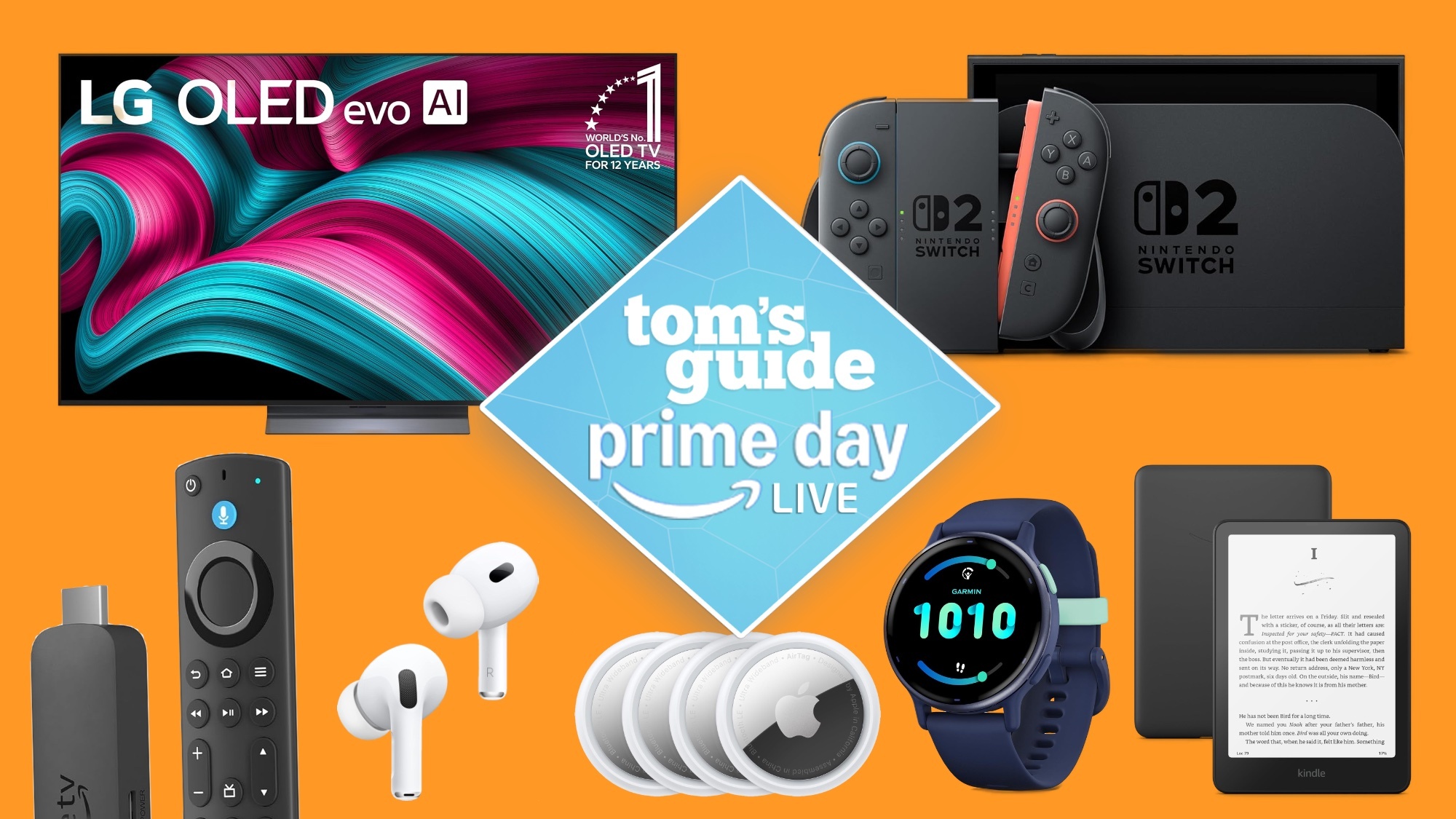 Compilation showing LG OLED TV, Fire TV Sticks, AirPods, AirTag, Nintendo Switch 2, Kindle, Garmin smartwatch