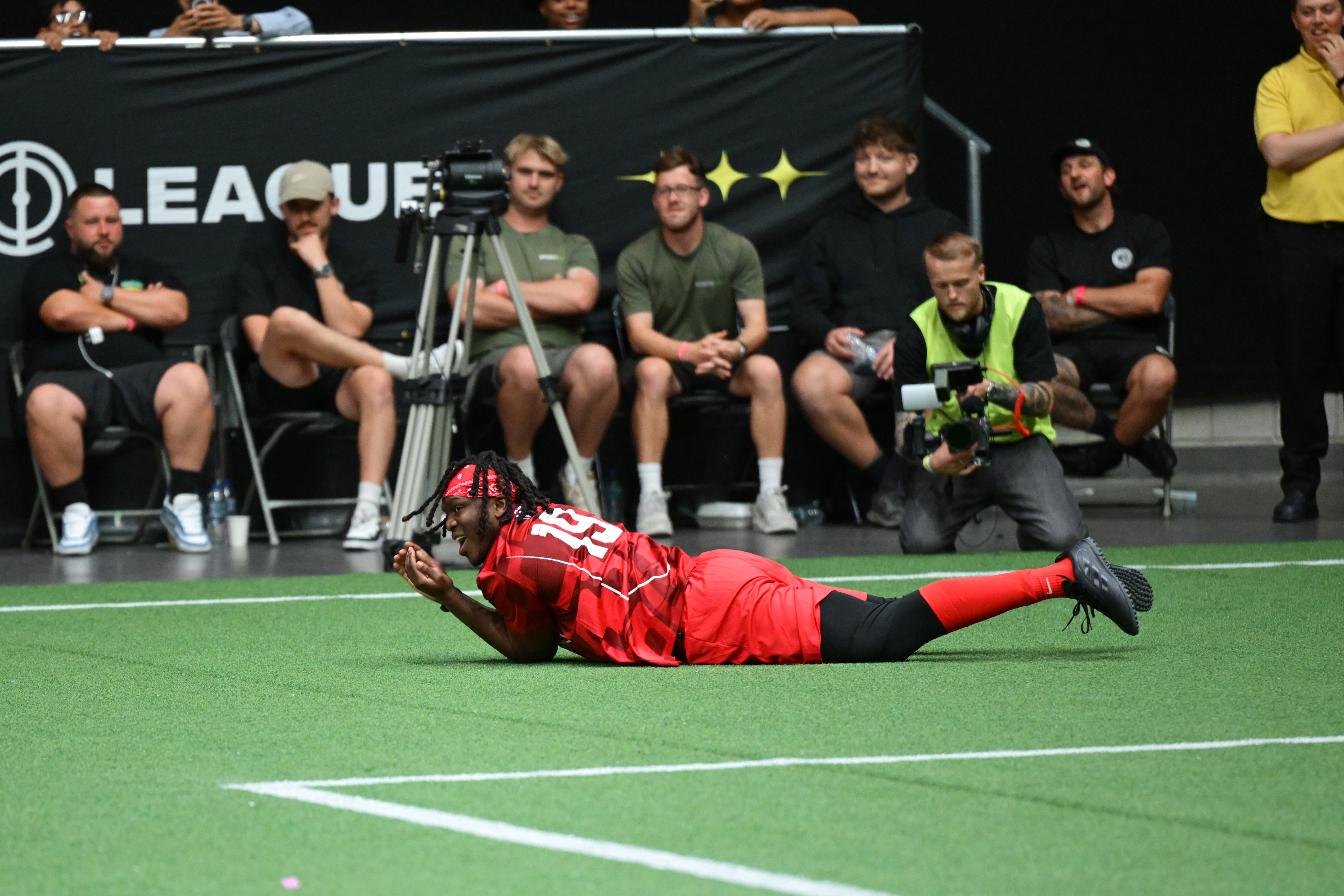 LONDON, ENGLAND - JUNE 12: KSI rolls around after being fouled during "Baller League UK - 2025 Final" at the 02 Arena on June 12, 2025 in London, England. (Photo by Jordan Peck/Getty Images)