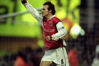 Freddie Ljungberg celebrates a goal for Arsenal against Leeds United at Highbury in December 1999.