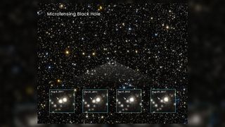 Here we see photos from the Hubble Space Telescope which show the location of the wandering black hole in the Milky Way. Then at the bottom there are 4 different images of the black hole at different times which shows it has moved. Images from left to right: Aug 8, 2011, Oct 31, 2011, Sep 9, 2012 ad Aug 19, 2017.