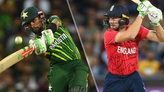 (L to R) Babar Azam of Pakistan and Jos Buttler of England will face off in the Pakistan vs England live stream of the T20 World Cup finals