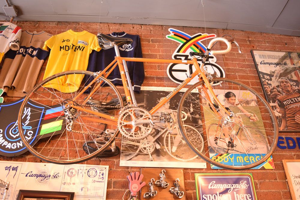 Almost an entire wall of Vecchio's Bicicletteria is devoted to Eddy Merckx