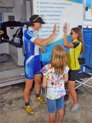 Georgia Gould (Luna) high-fives a young fan after winning her race at the Mellow Johnny's Classic.