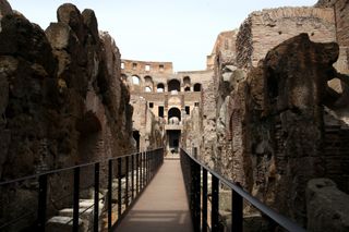 A view of the Colosseum and the hypogea during the press conference for Tod's second phase of the restoration of the Flavian Amphitheater and the opening of the hypogea on June 25, 2021 in Rome, Italy.