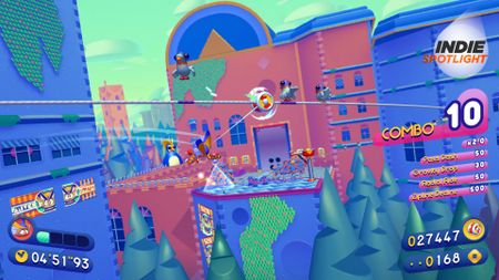 Penny swings from a yo-yo on a zipline in Penny's Big Breakaway