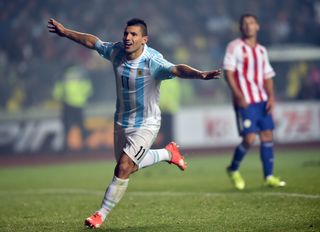 Sergio Aguero celebrates after scoring for Argentina against Paraguay in the semi-finals of the 2015 Copa America.