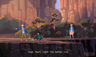 Pixel art: three characters from Stranger Things standing on a mountain pass