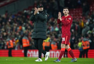 Liverpool manager Jurgen Klopp and Andrew Robertson after the Carabao Cup semi-final, first leg match at Anfield. Picture date: Thursday January 13, 2022