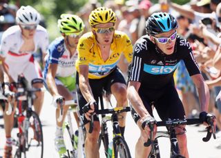 Chris Froome leading Bradley Wiggins, who is wearing the yellow jersey, during stage 16 of the 2012 Tour de France