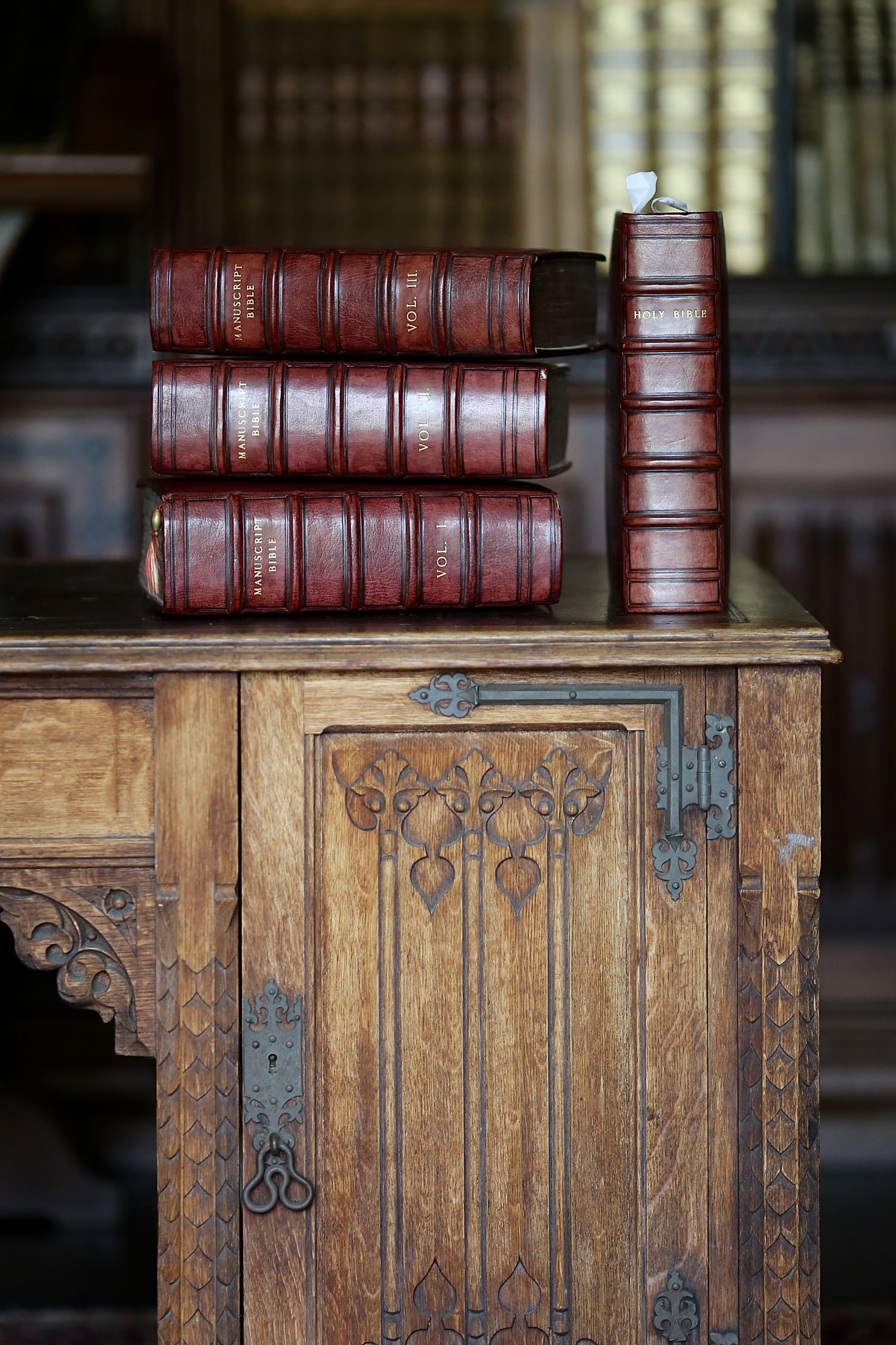 Sally Raikes and the hand-written bible at Treberfydd House in Brecon