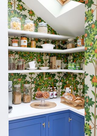 Kitchen pantry with white shelving and floral wallpaper
