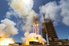 A United Launch Alliance Delta IV rocket launches the NROL-82 satellite from Vandenberg Air Force Base in California, on April 26, 2021. 