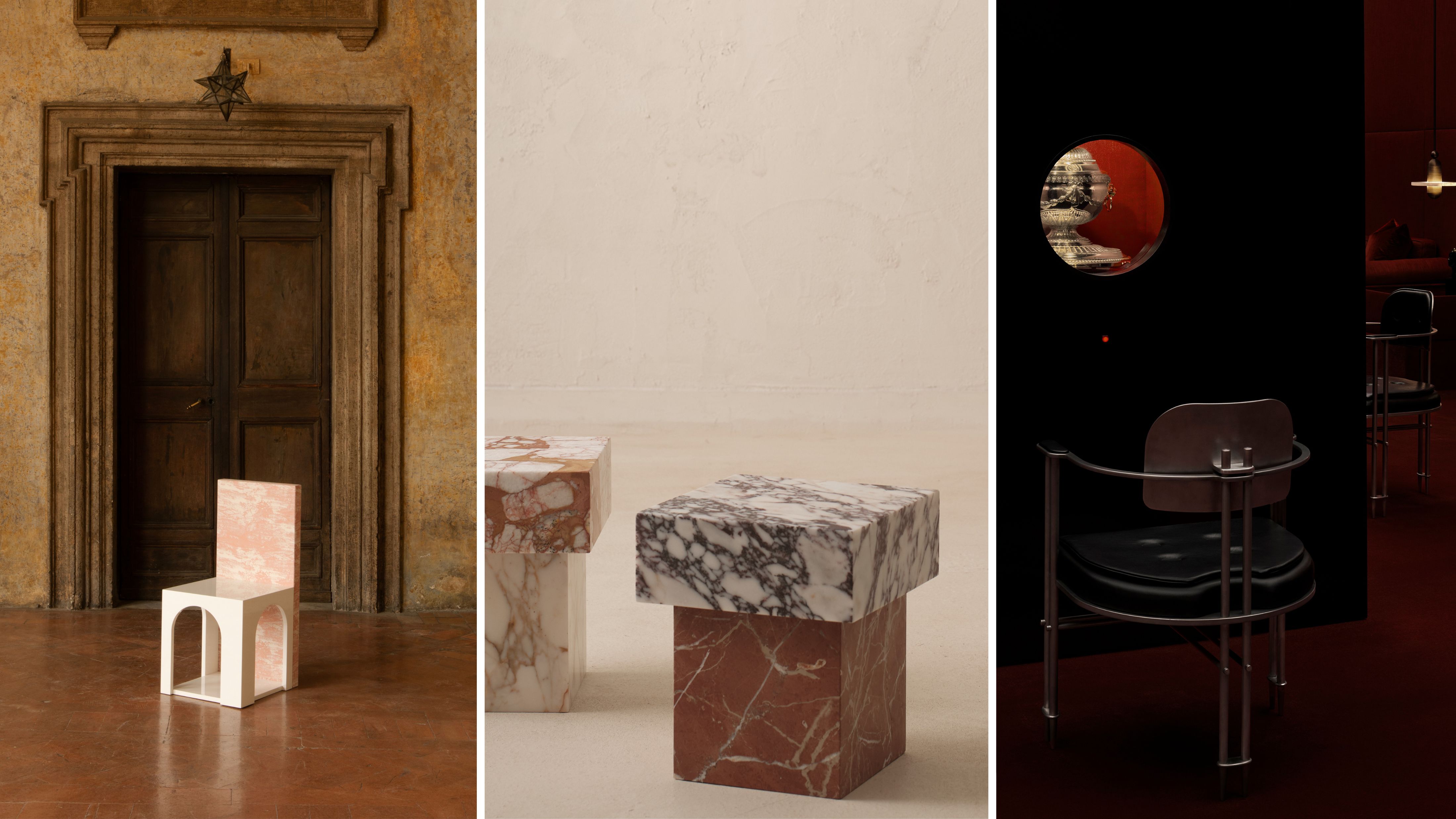 Powder pink Tessuto Chair by Francesco Balzano pictured in the historic Villa Medici; Pop Pop tables by Sarah Sherman Samuel; APPARATUS PEEPSHOW exhibition, featuring a space age chrome chair