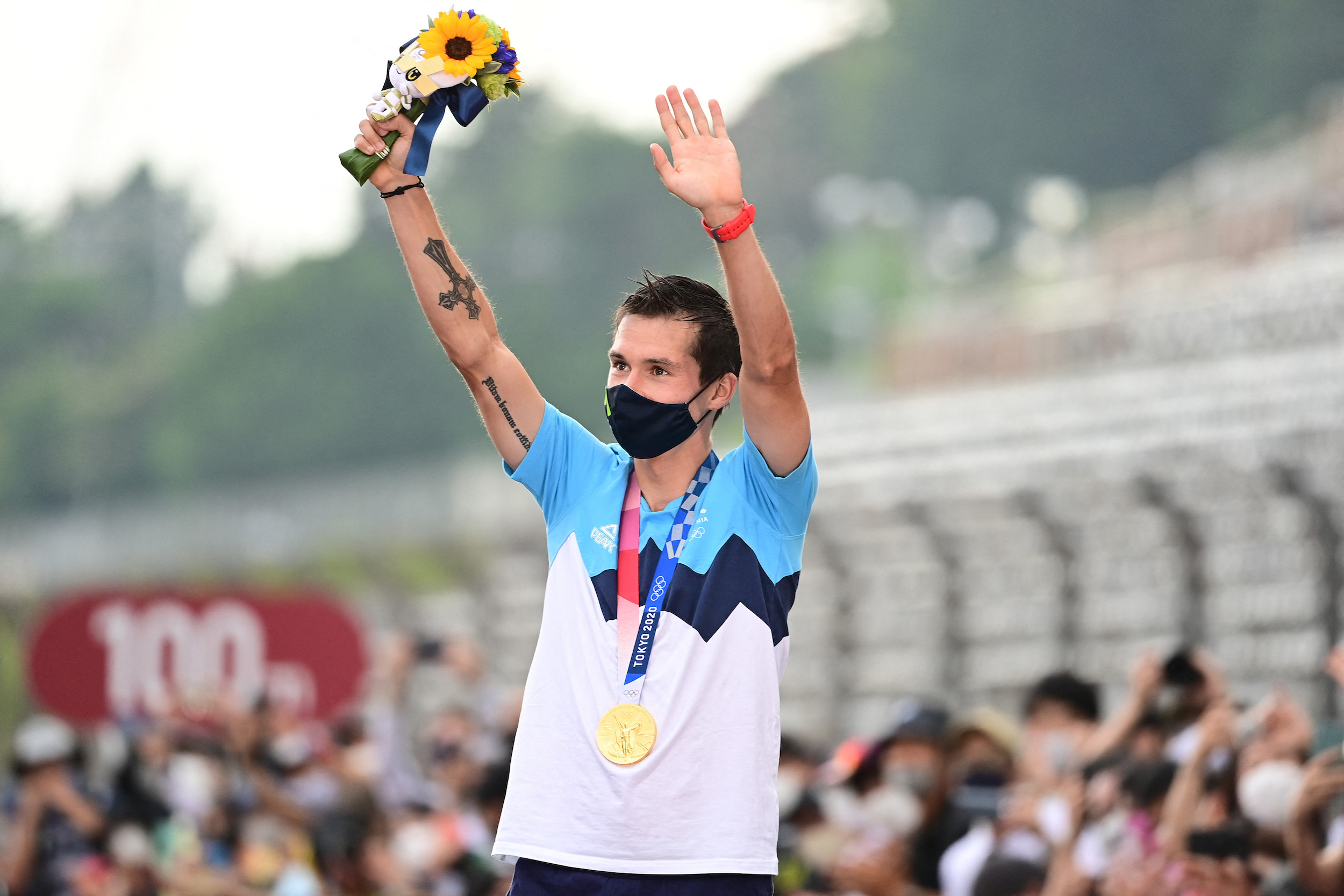 Primož Roglič with his gold medal after winning the individual time trial at the Tokyo 2020 Olympic Games