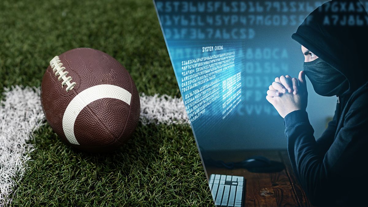 A football next to a picture of a scammer at a computer