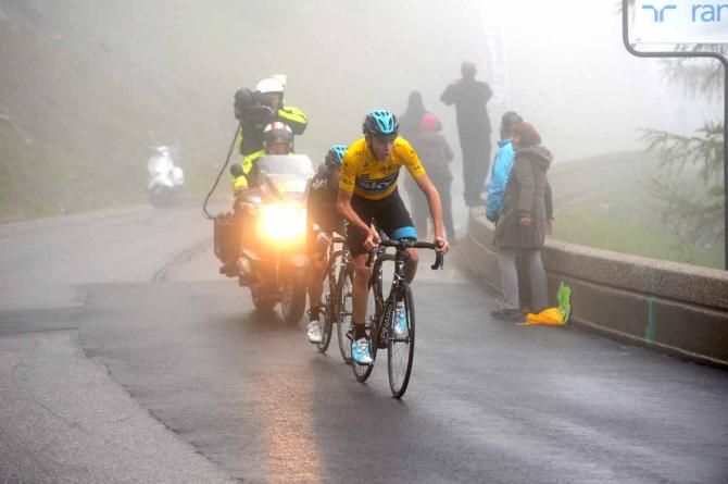 Chris Froome (Sky) leads Richie Porte near the summit of Risoul.