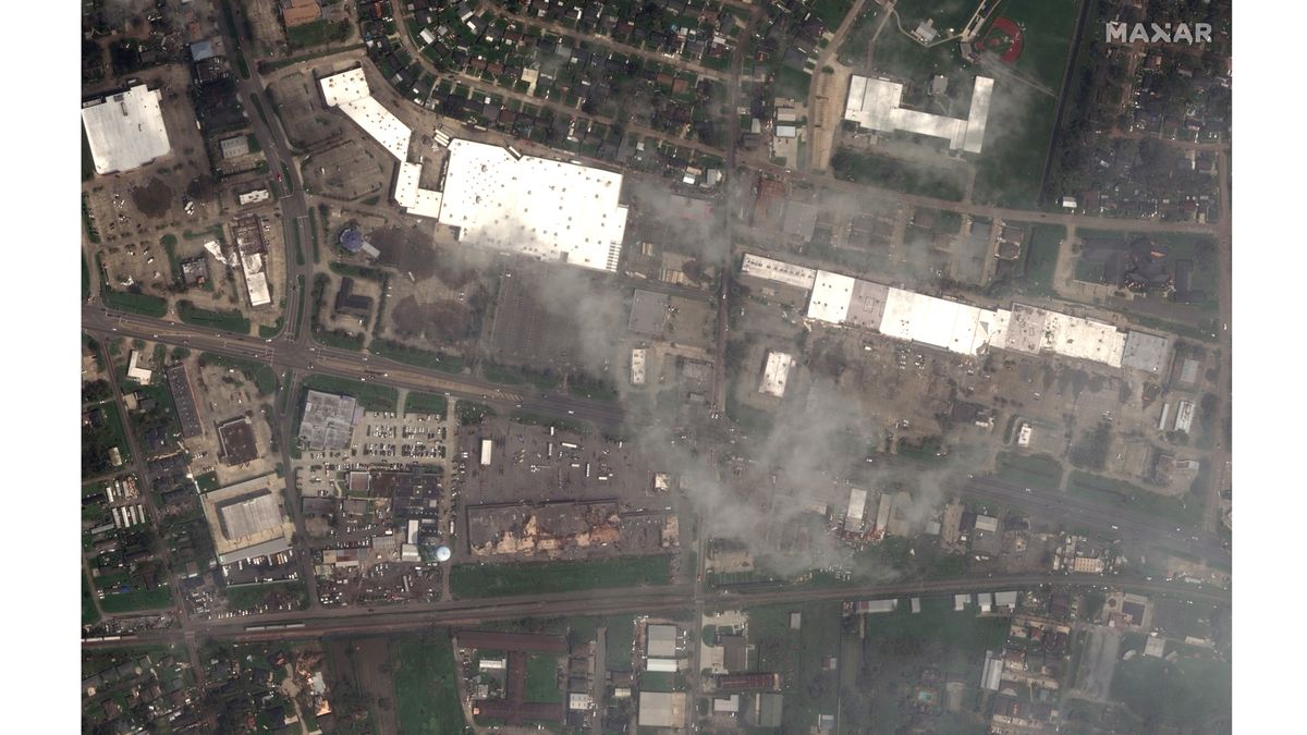 Buildings damaged by Hurricane Ida in the Louisiana town of La Place are seen in this photo captured by Maxar Technologies' WorldView-2 satellite on Aug. 31, 2021.