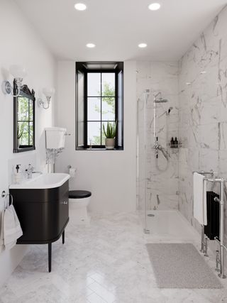 black and white bathroom with walk in shower, black vanity and black window