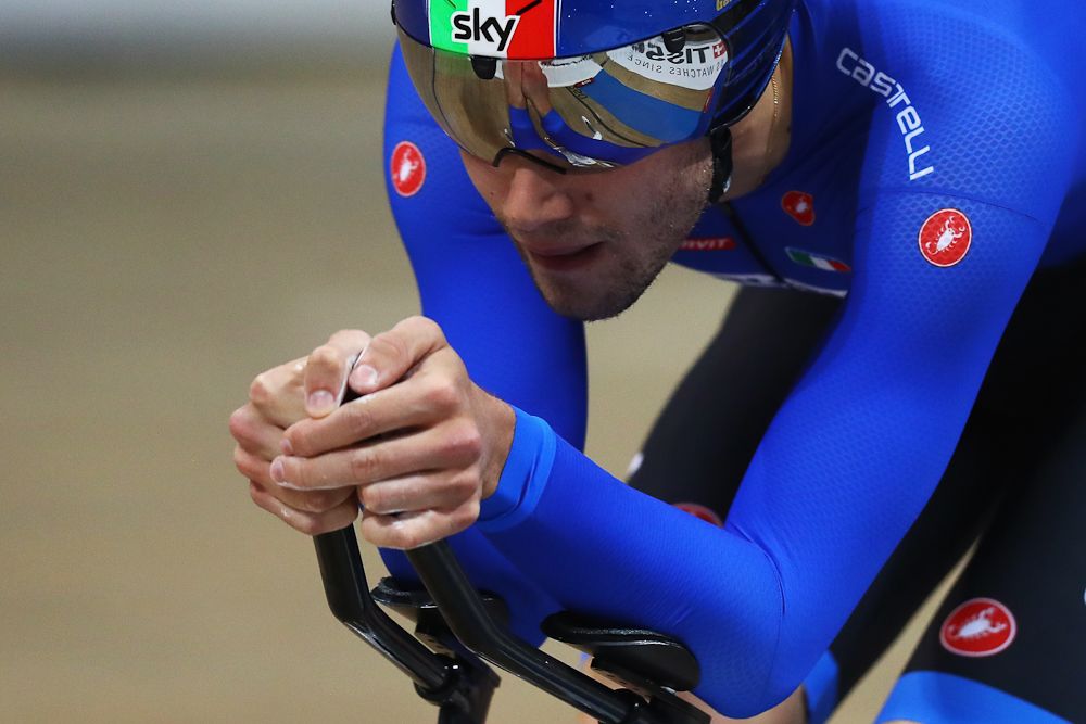Filippo Ganna of Italy celebrates winning the gold medal in the Men's individual pursuit final on day three of the UCI Track Cycling World Championships