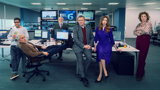 Cast of Douglas Is Cancelled in the fictional Live at 6 newsroom