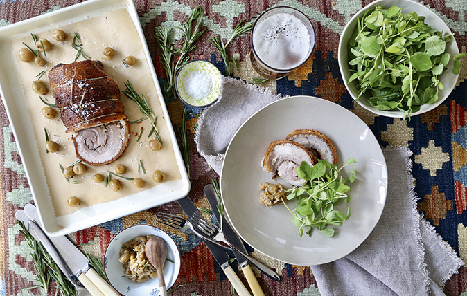 Slow-roasted, gooseberry-stuffed rolled pork belly