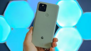 Google Pixel 5 against a light blue background