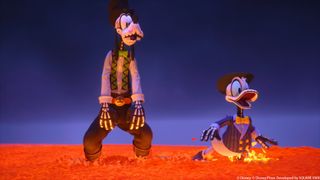 Goofy and Donald wearing outfits and looks inspired by Pixar's Coco in Kingdom Hearts 4