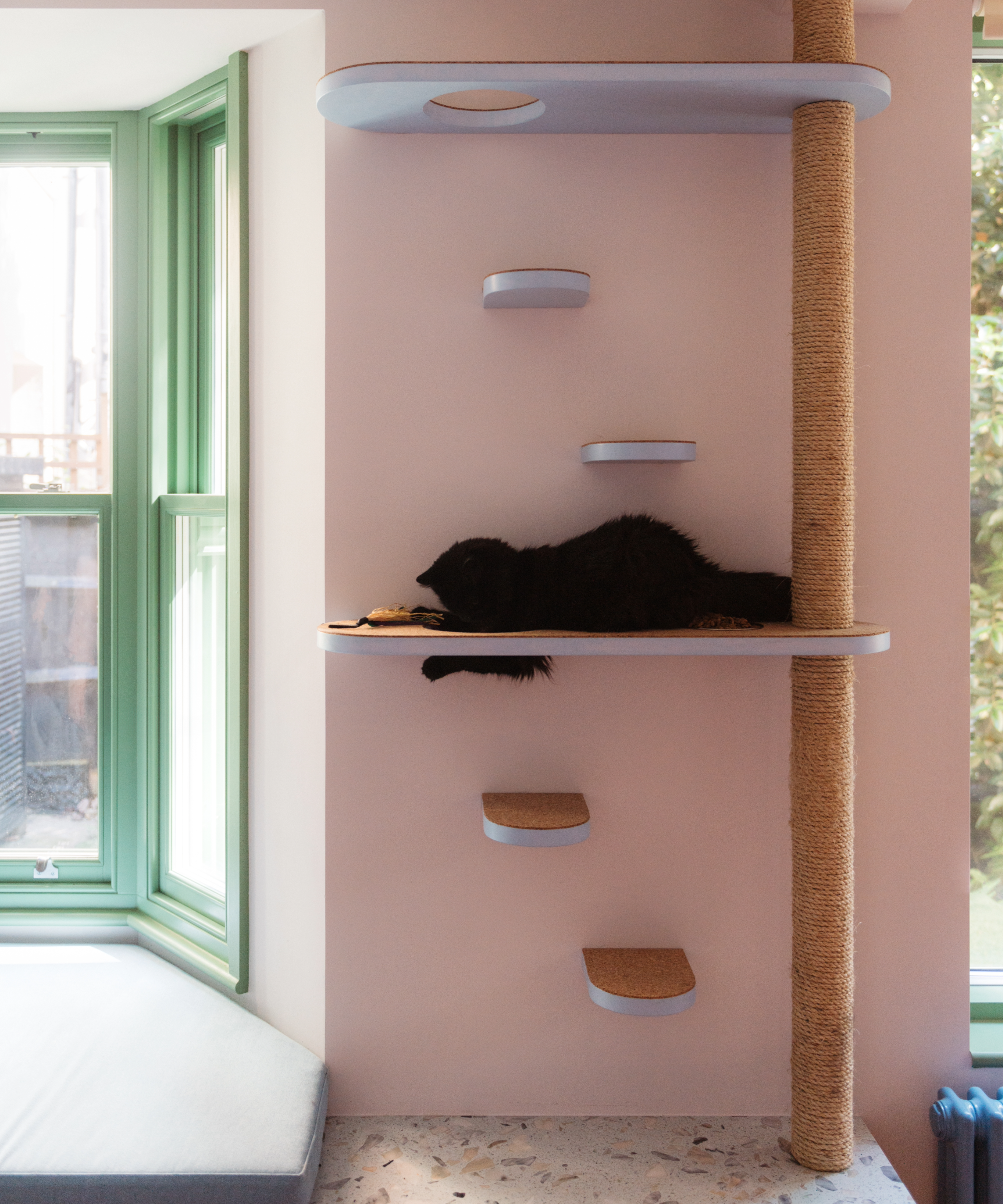 Cat sitting on a built-in scratching post and perch which is painted in lilac on a pink wall next to a green trimmed window