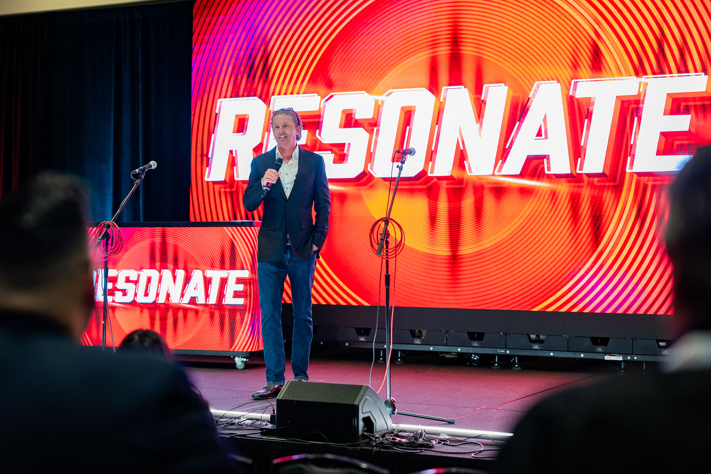 Guitar Center Business Solutions President Curtis Heath presents opening remarks to kick off the start of Resonate expo on April 9, 2026, held at Nashville&amp;rsquo;s Music City Center.