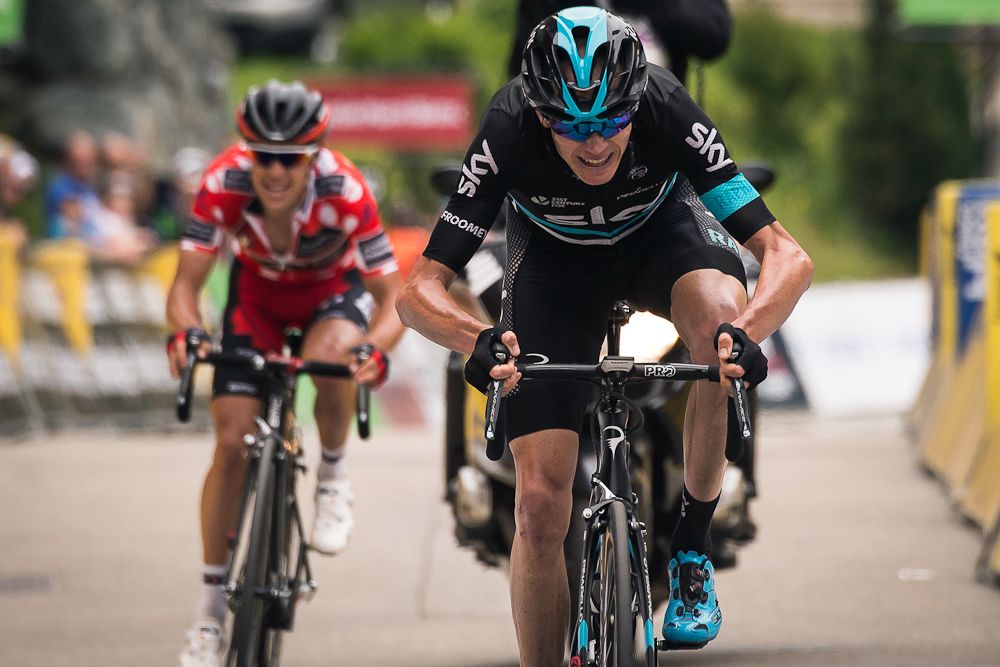 Chris Froome finishes stage 5 at the Criterium du Dauphine ahead of Richie Porte