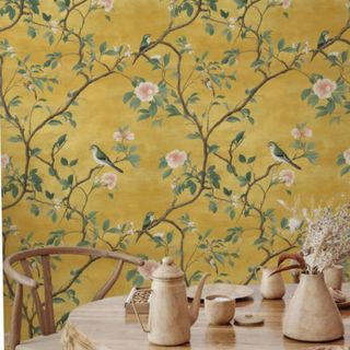 Elegant Chinoiserie Wallpaper Yellow Floral Bird Pattern Vintage Asian Wall Decor