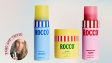 bottles of ROCCO skincare next to an image of beauty editor emma stoddart holding lab samples of the range