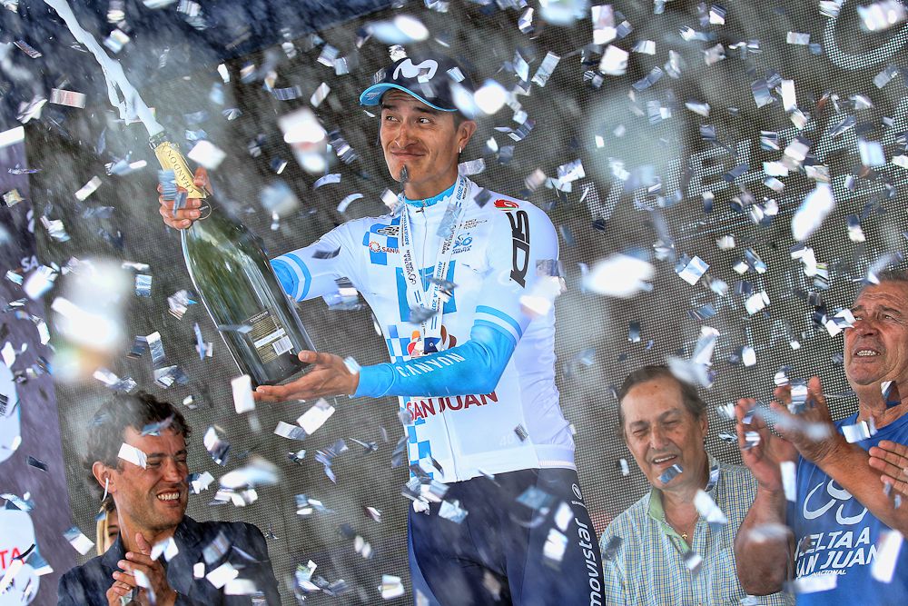 Winner Anacona celebrates his stage 5 win on the San Juan podium